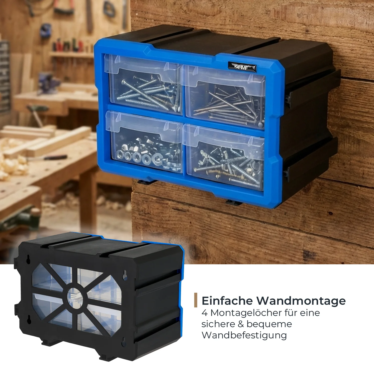HMF Sortierbox für Kleinteile mit 4 Schubladen erweiterbarer Sortimentskasten für Schrauben und Werkzeug 8 Fächer 29,5 x 19,5 x 16 cm Blau-Schwarz
