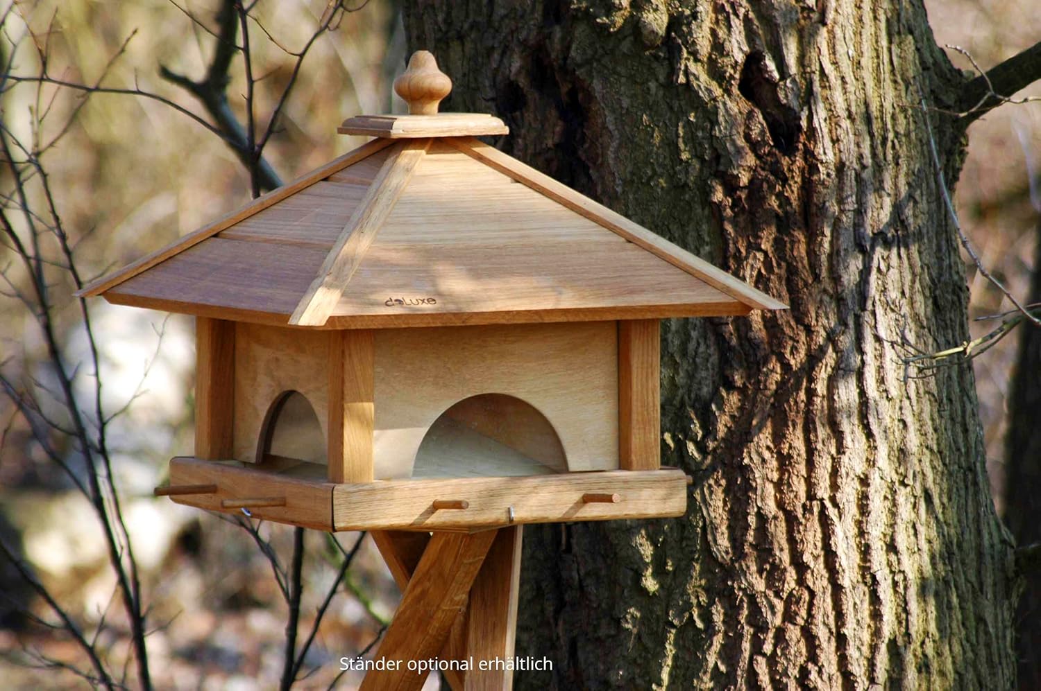 LUXUS-VOGELHAUS Vogelfutterhaus mit 4 Schubladen - Vogelvilla aus Massivholz - Futterstation für Wildvögel - Vogelhaus mit separaten Futter-Schubladen - 46,5 x 46,5 x 39 cm - Natur #D70
