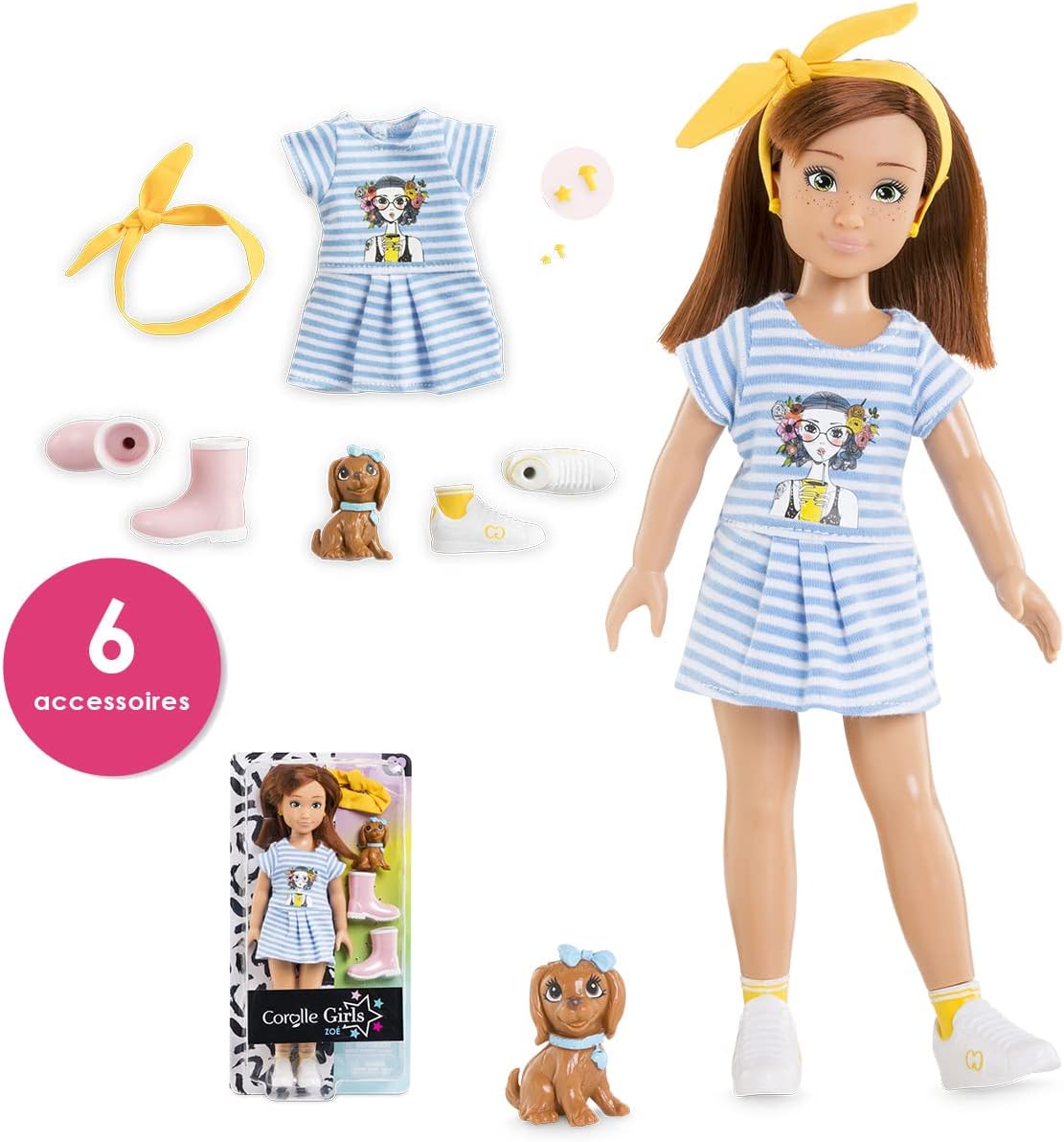 Corolle Girls Zoe Natur Abenteuer Set Ankleidepuppe Sommeroutfit mit Hund Haarband Ohrringe Gummistiefel Spielpuppe mit Vanilleduft