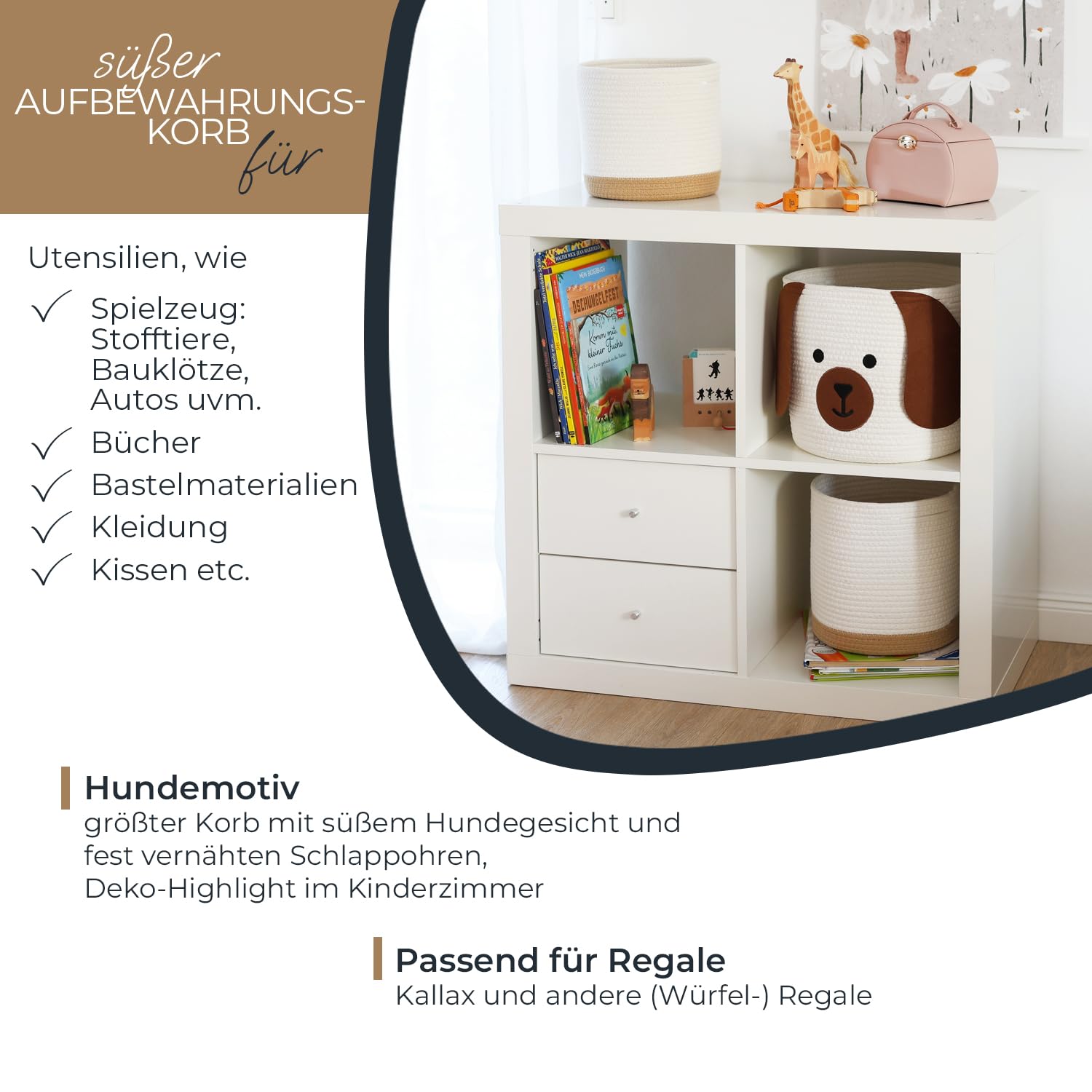 HMF Aufbewahrungskorb mit versteckten Griffen 3er Set, Korb für Kinderzimmer aus Baumwolle Hund Groß, Mittel, Klein