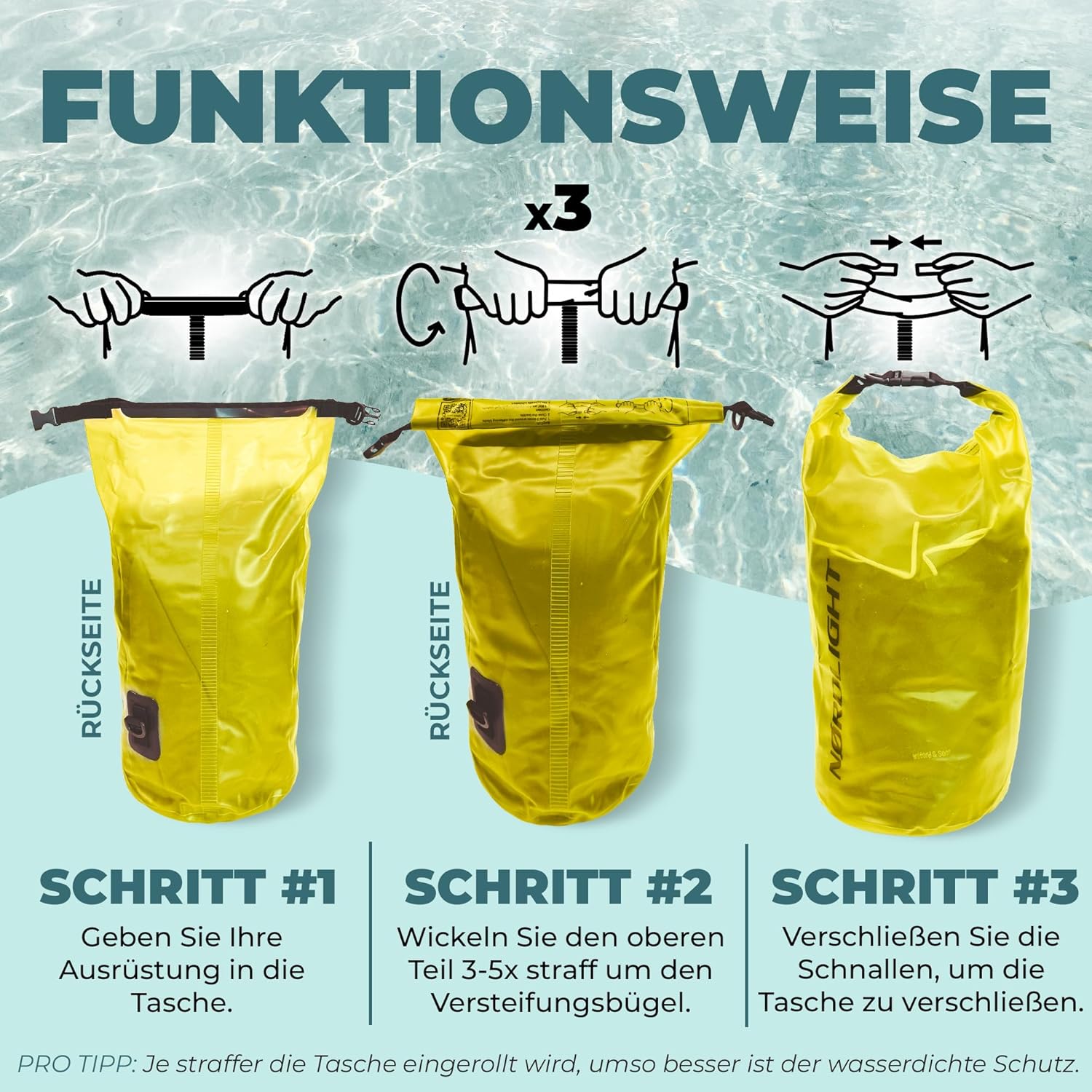 Nordlight Wasserdichter Rucksack Dry Bag 10L - Roll Top Rucksack Kurierrucksack gelb