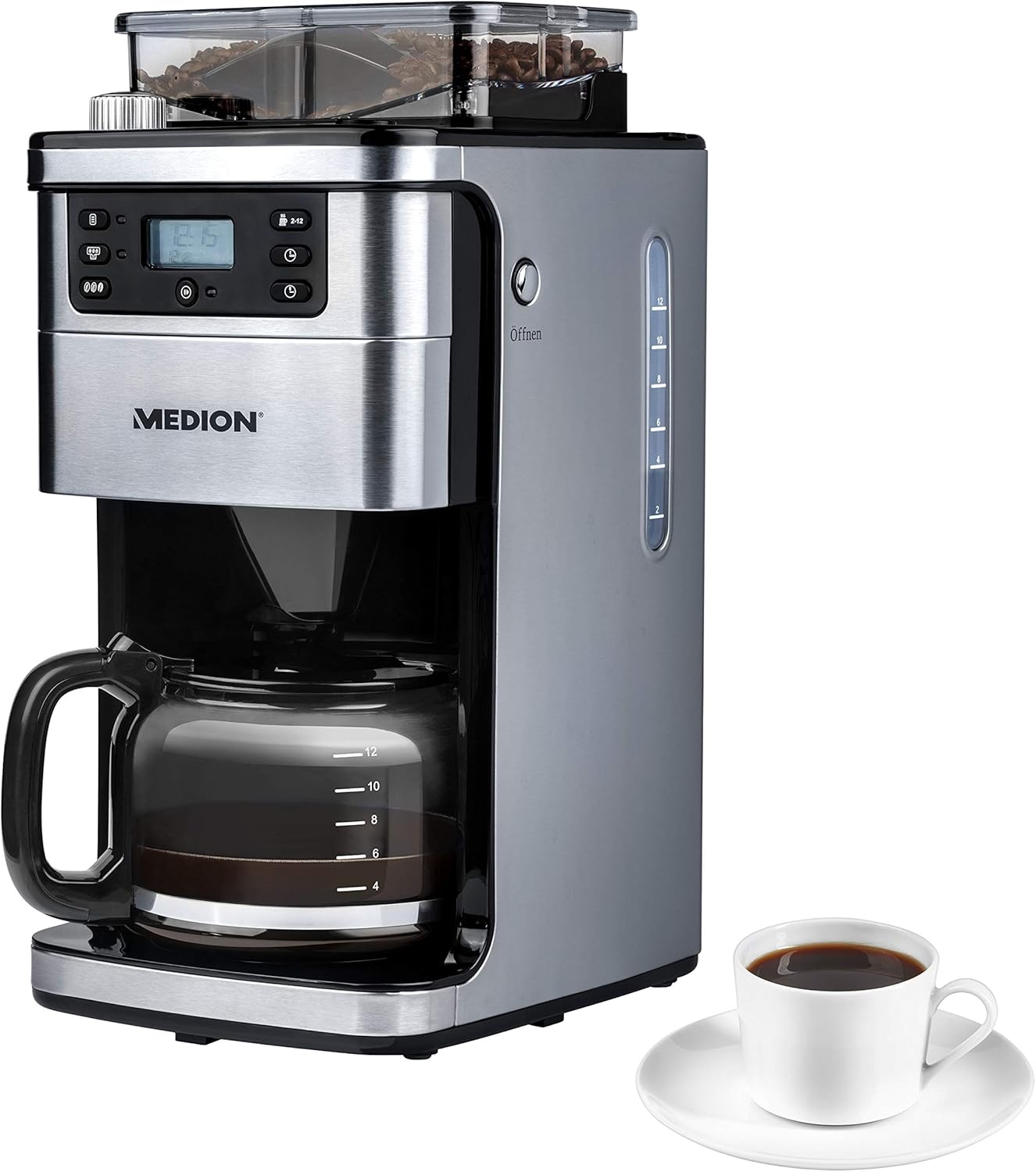 MEDION MD15486 Kaffeemaschine mit Mahlwerk und Glaskanne Wassertank: 1,5 Liter 8 Mahlstufen max. 1050 Watt silber edelstahl
