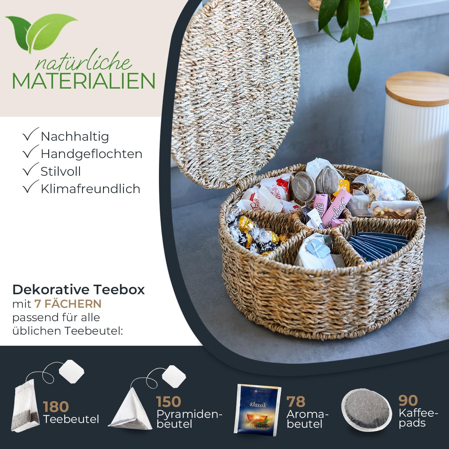 HMF Teebox für Teebeutel geflochten aus Seegras Tee Aufbewahrungsbox mit 7 großen Fächern 27 x 27 x 11 cm