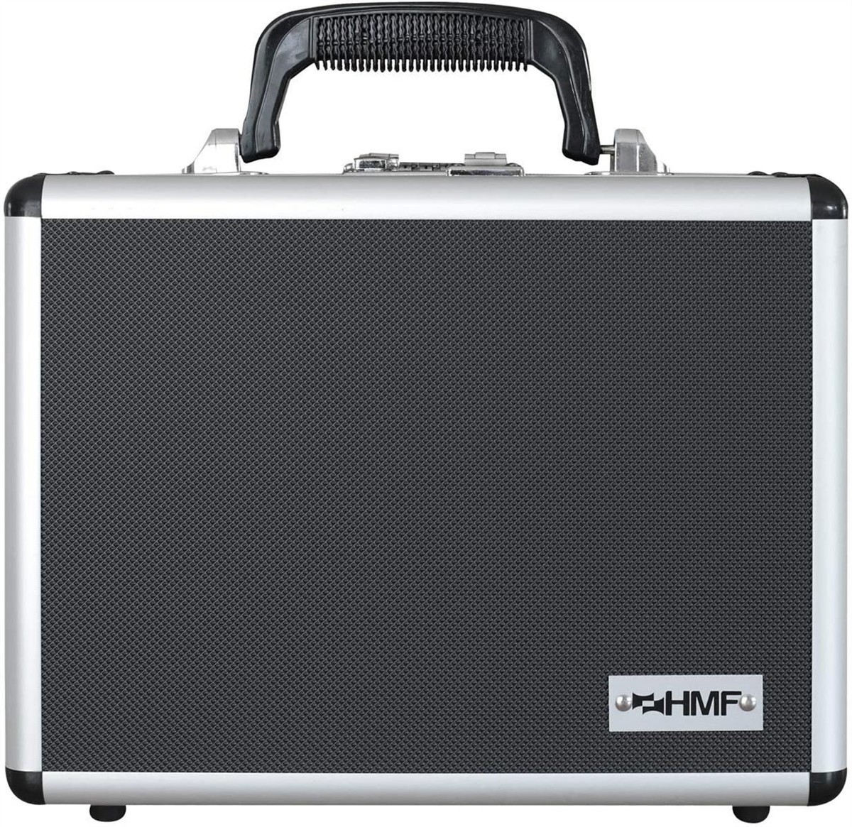 Gitarrenverstärker, tragbarer Verstärker, schwarze Gitterfront, Silbernes Gehäuse, HMF-Logo