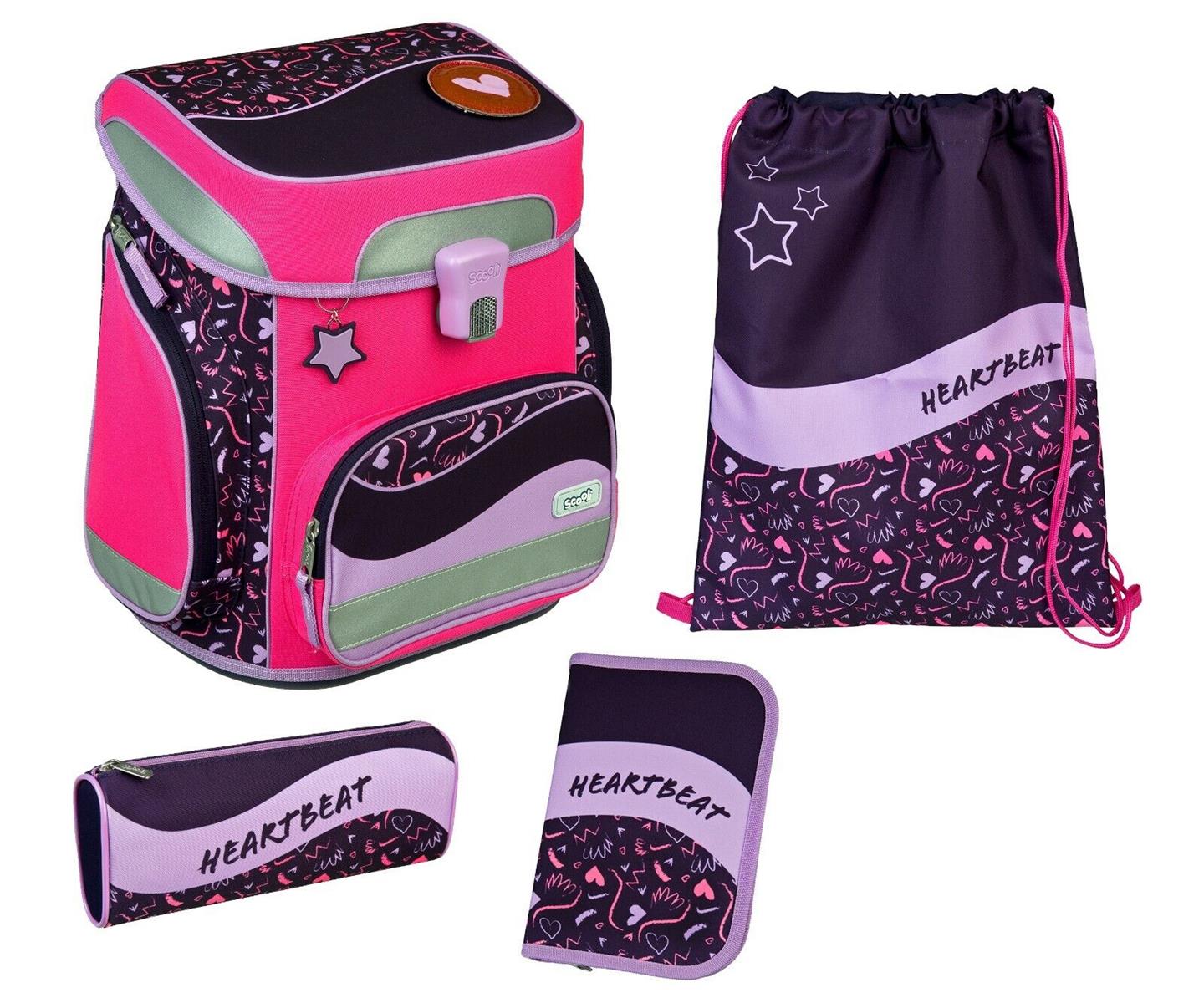 Scooli EasyFit Schulranzen Set 5 teilig Glow Edition Heartbeat Schultasche