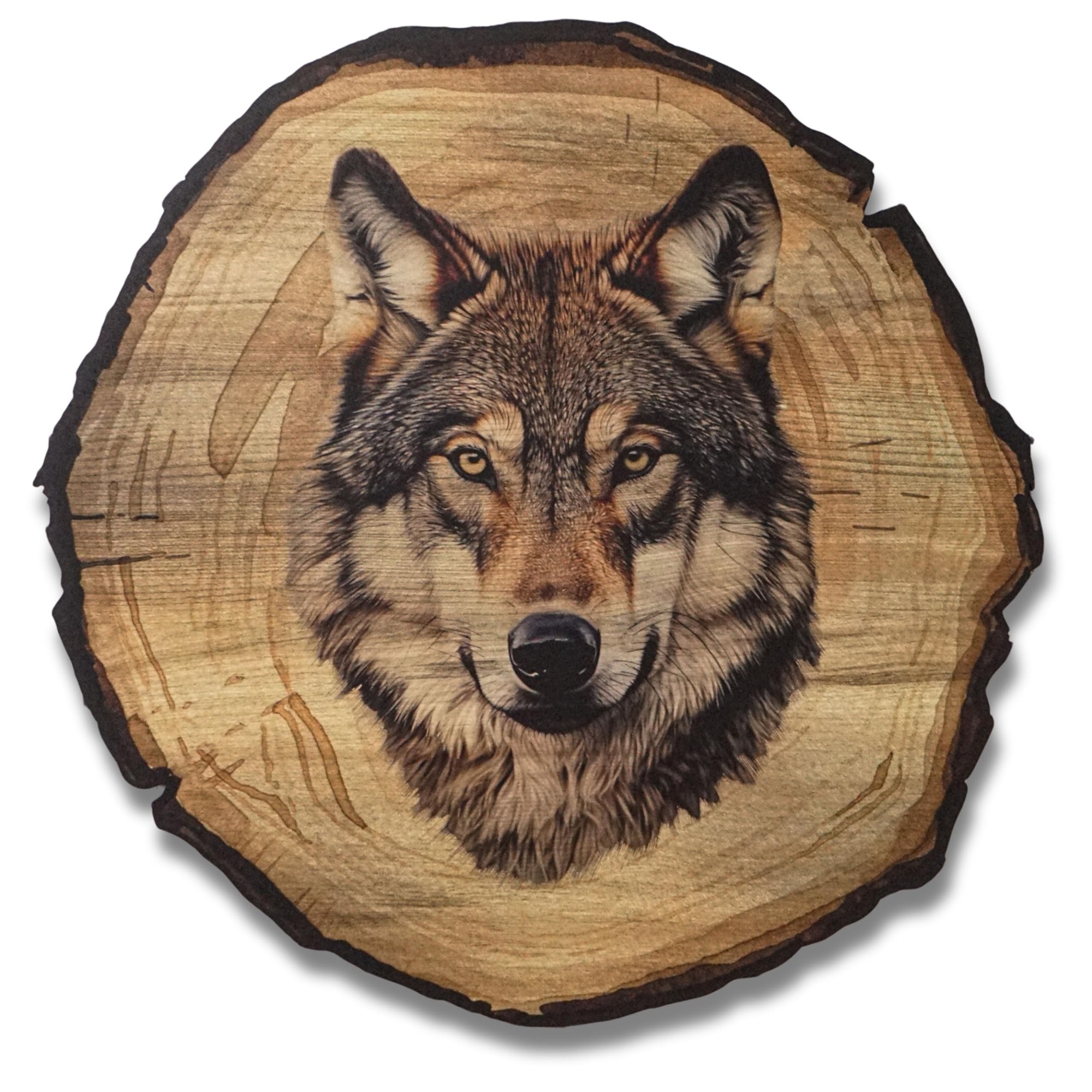 Wolfmotiv, Runde Form, Holzscheibenoptik, Brauntöne, Dekokissen