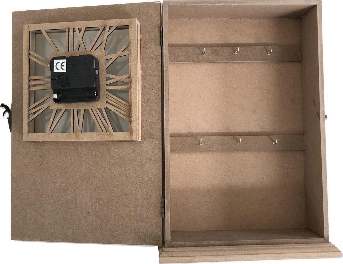 Home & Deco Schlüsselschrank aus Holz mit funktionierender Uhr für 6 Schlüssel - 22x7,5x32cm