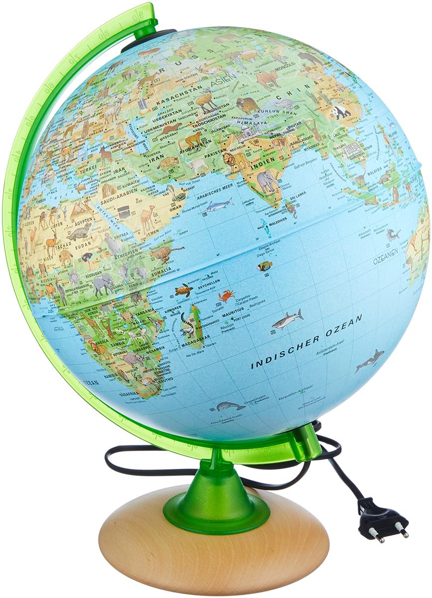 Kinderglobus KS 2525: Globus für Kinder mit vielen Abbildungen, 25 cm Durchm., heller Echtholzfuß, Meridian grün, inkl. Begeitbüchlein