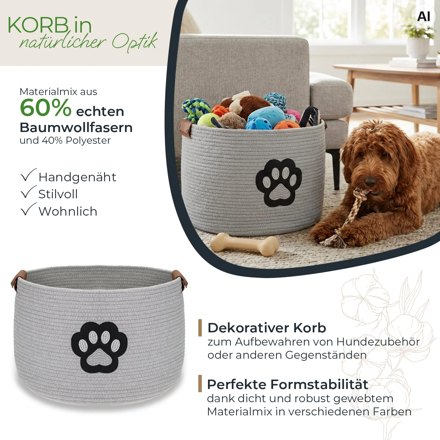 Korb, Hundezubehör, Aufbewahrung, Korb mit Pfote, Dekorative Aufbewahrung