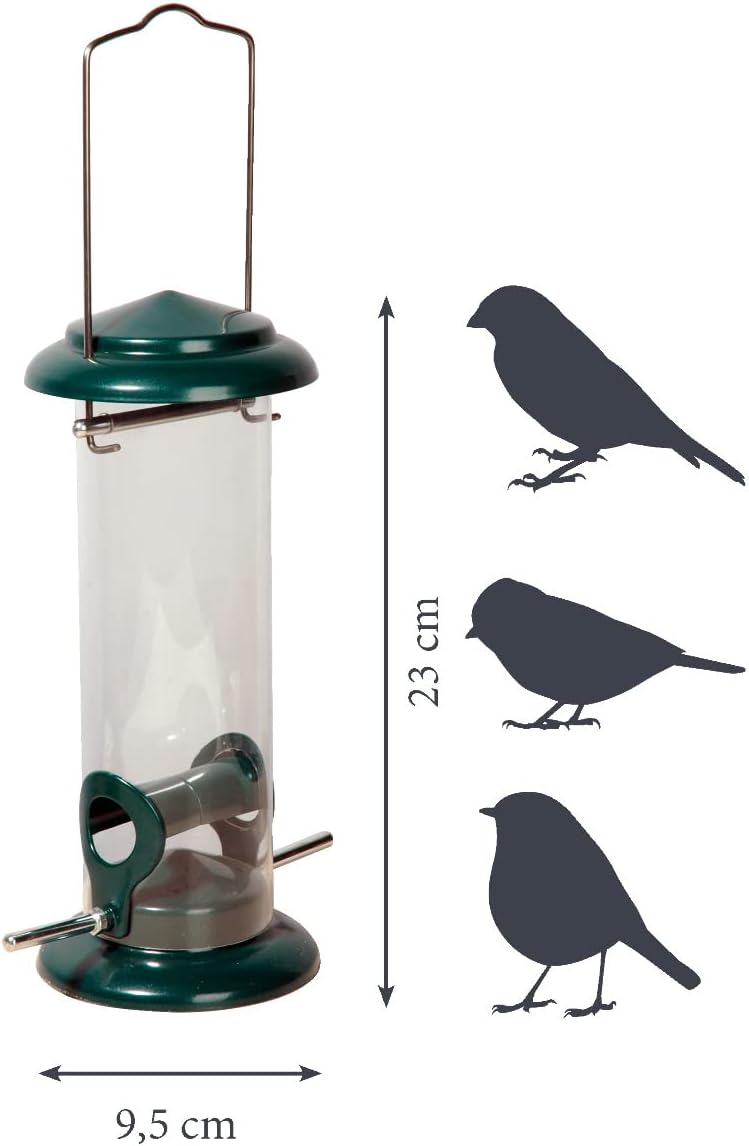 dobar Kompakte Vogelfuttersäule mit Anflugstangen - Wildvogelfutterspender für Sämereien - Vogelfutterstation Metall - Futterspender in Garten/Terrasse/Balkon - Ø 9,5 x 23 cm - Grün