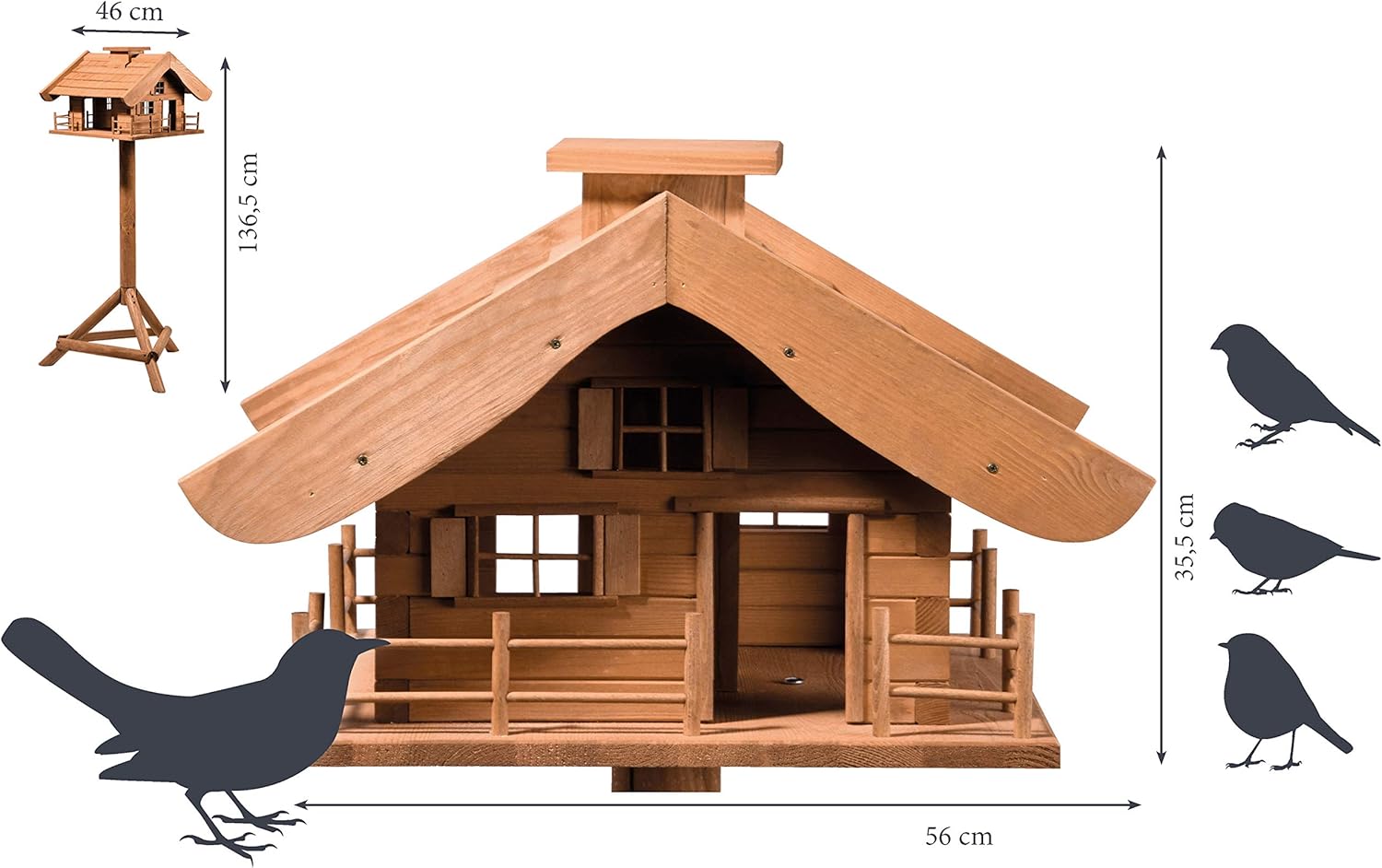 dobar Design Vogelfutterhaus Almhütte - XL Vogelhaus im Hüttendesign - Vogelvilla aus Massivholz - Vogelfutterstation inklusive Ständer - Großer Futterspender - 66 x 66 x 136,5 cm - Braun