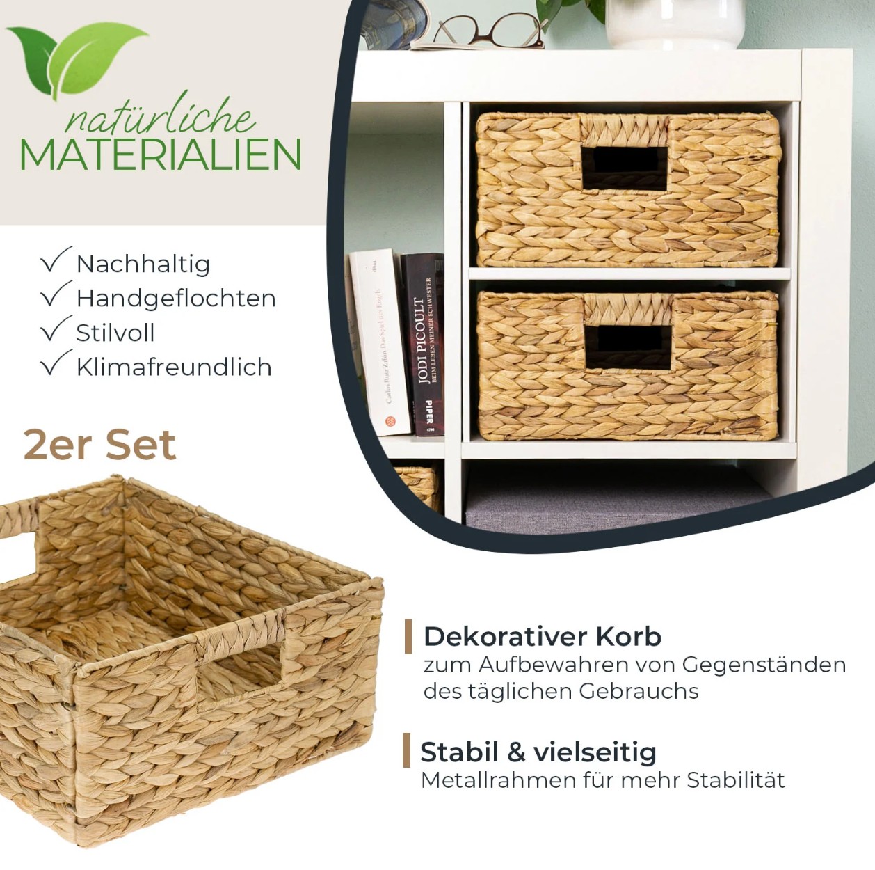 HMF 2er Set Aufbewahrungskorb für KALLAX halbes Fach - Wasserhyazinthe geflochten