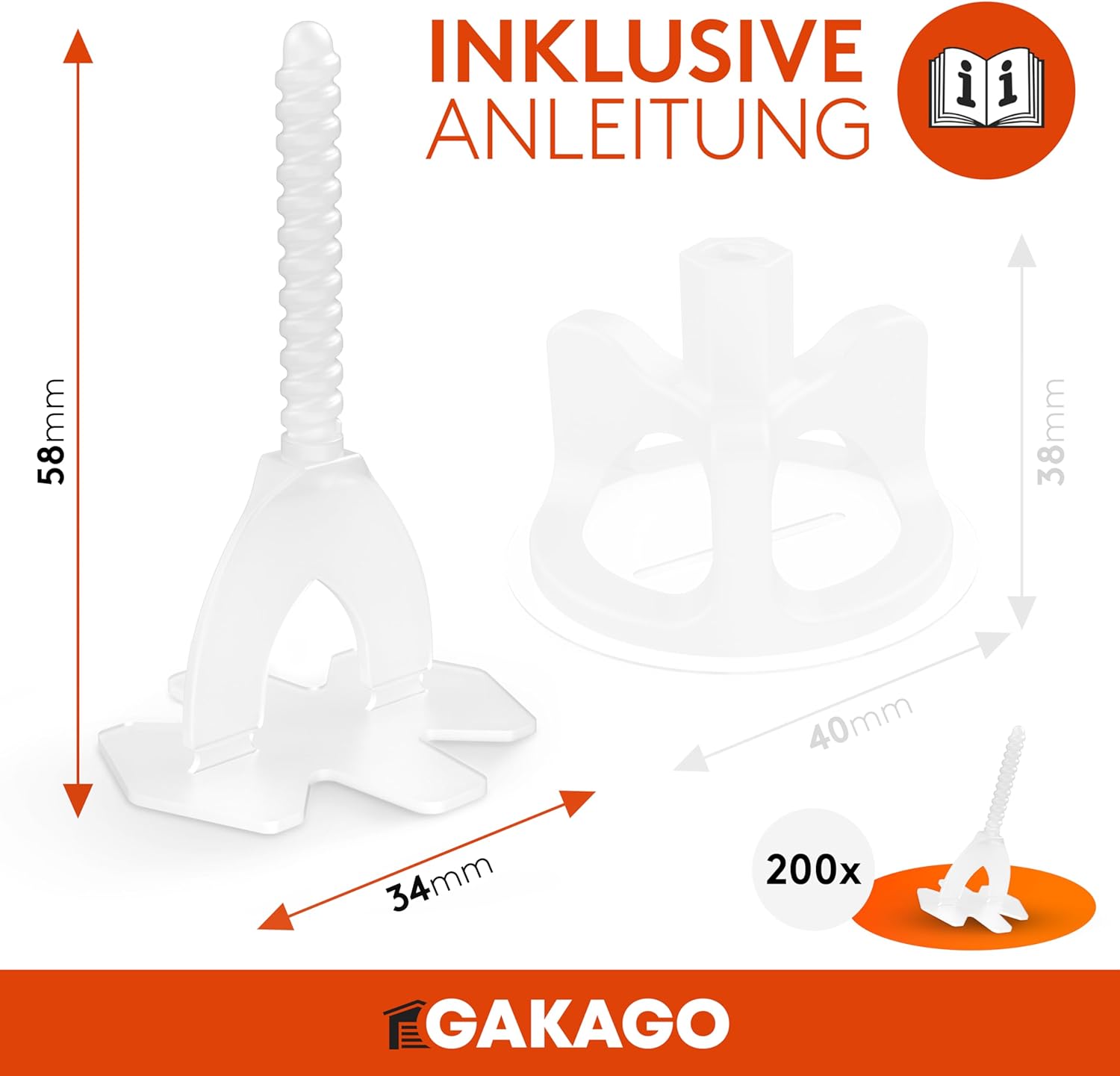 Gakago Fliesen Nivelliersystem 200 Gewindelaschen 2mm - Verlegehilfe für ein perfektes Fugenbild - Überlegende Reichweite für Fliesenstärken 3-18mm Fliesenschutz durch Schon Unterlegscheiben