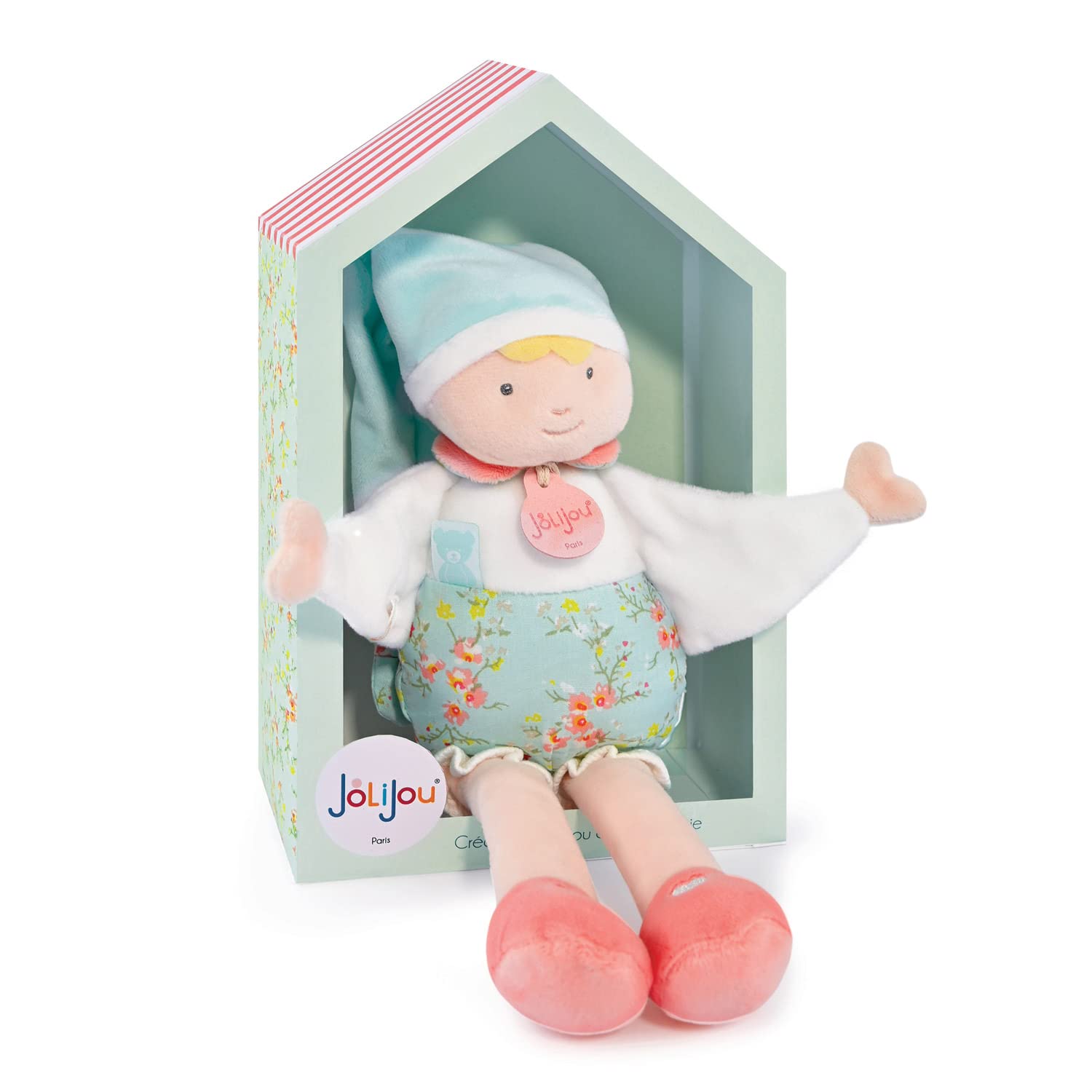Jolijou - Les Petit Guilis – Kuscheltier in Mandelfarbe – Blau – 30 cm – Geschenk zur Geburt – schöne Geschenkbox – JJ6046