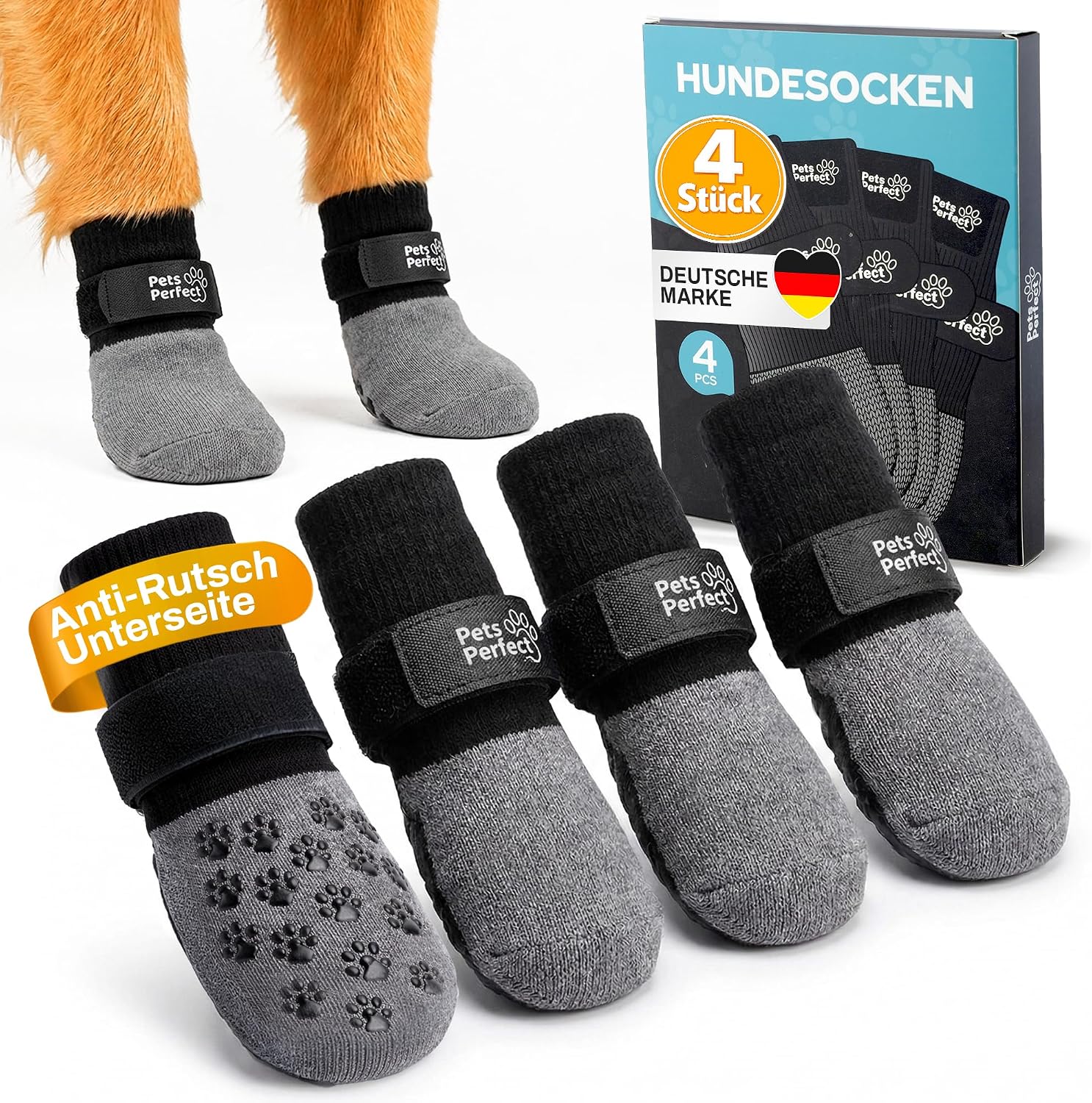 Hundesocken, Grau-schwarz, Rutschfeste Sohle, Klettverschluss, 4er-Set